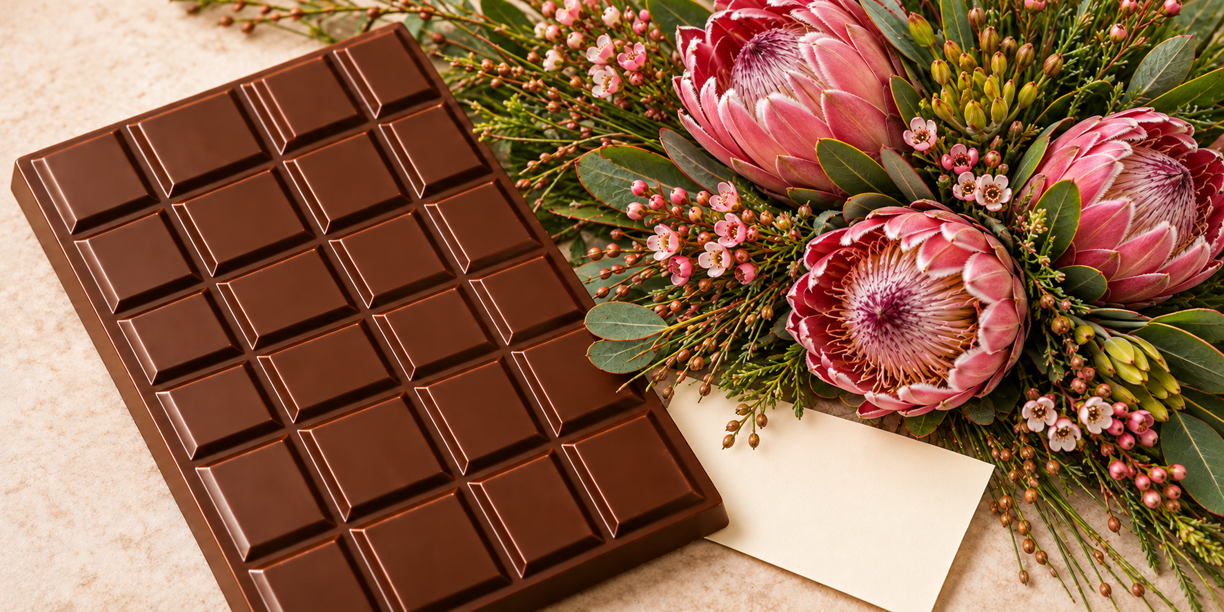 Chocolate gift with fresh fynbos and proteas