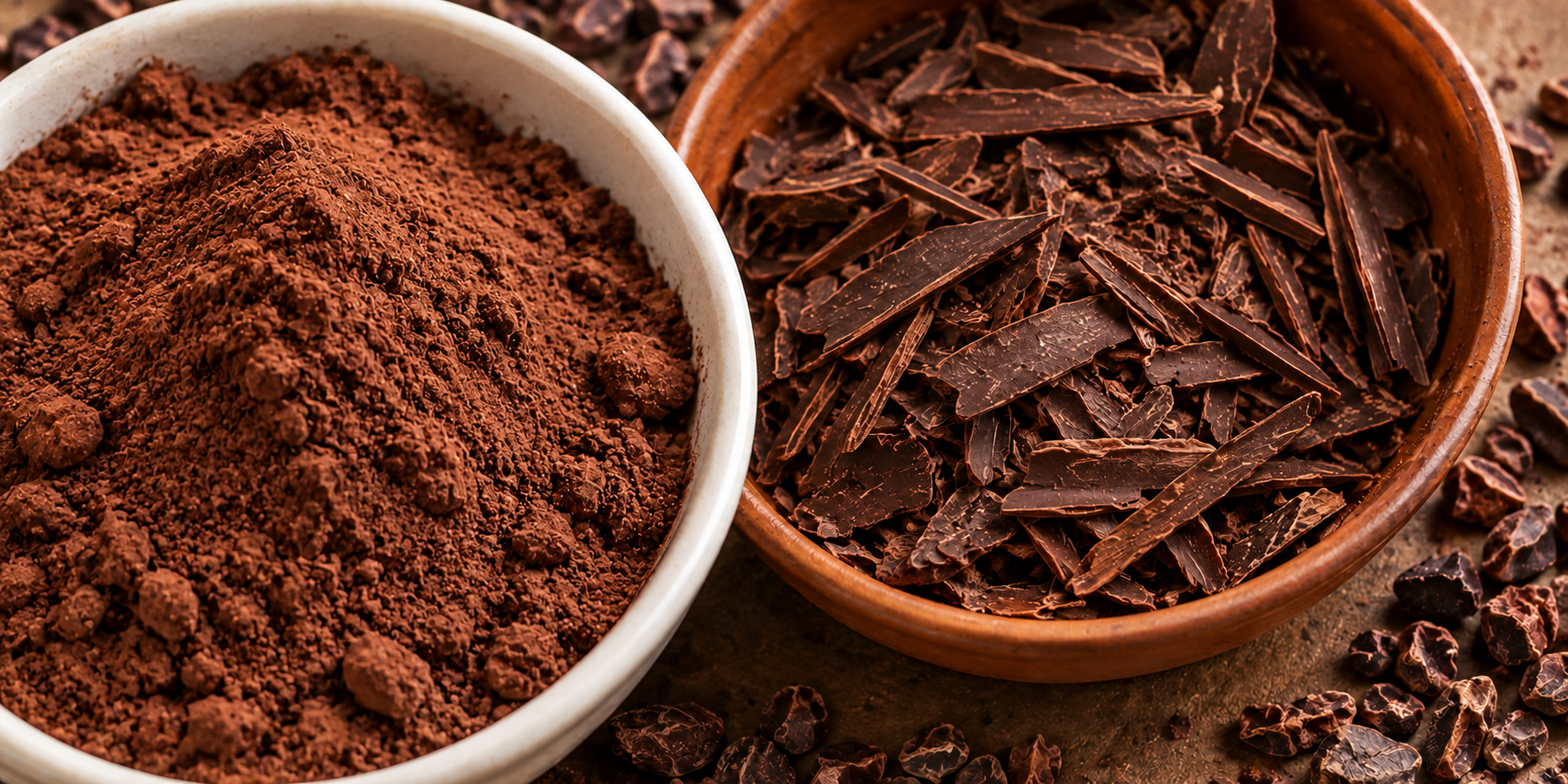 Bowls of cacao powder and dark chocolate shards