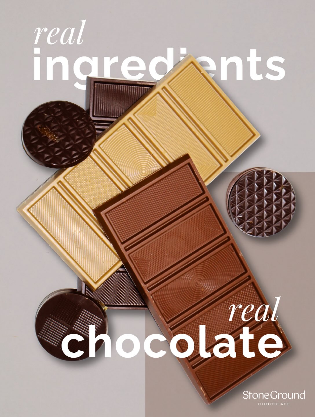 Real ingredients, real chocolate, a selection of chocolate slabs