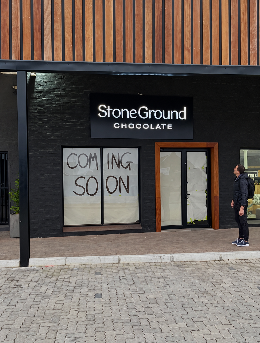 StoneGround Chocolate storefront with Coming soon signage