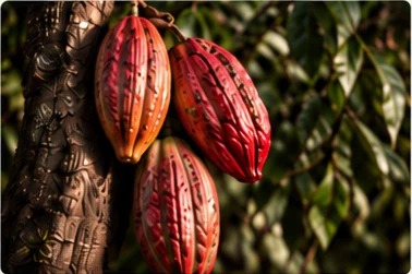 Ripe cacao pods growing on a cacao tree